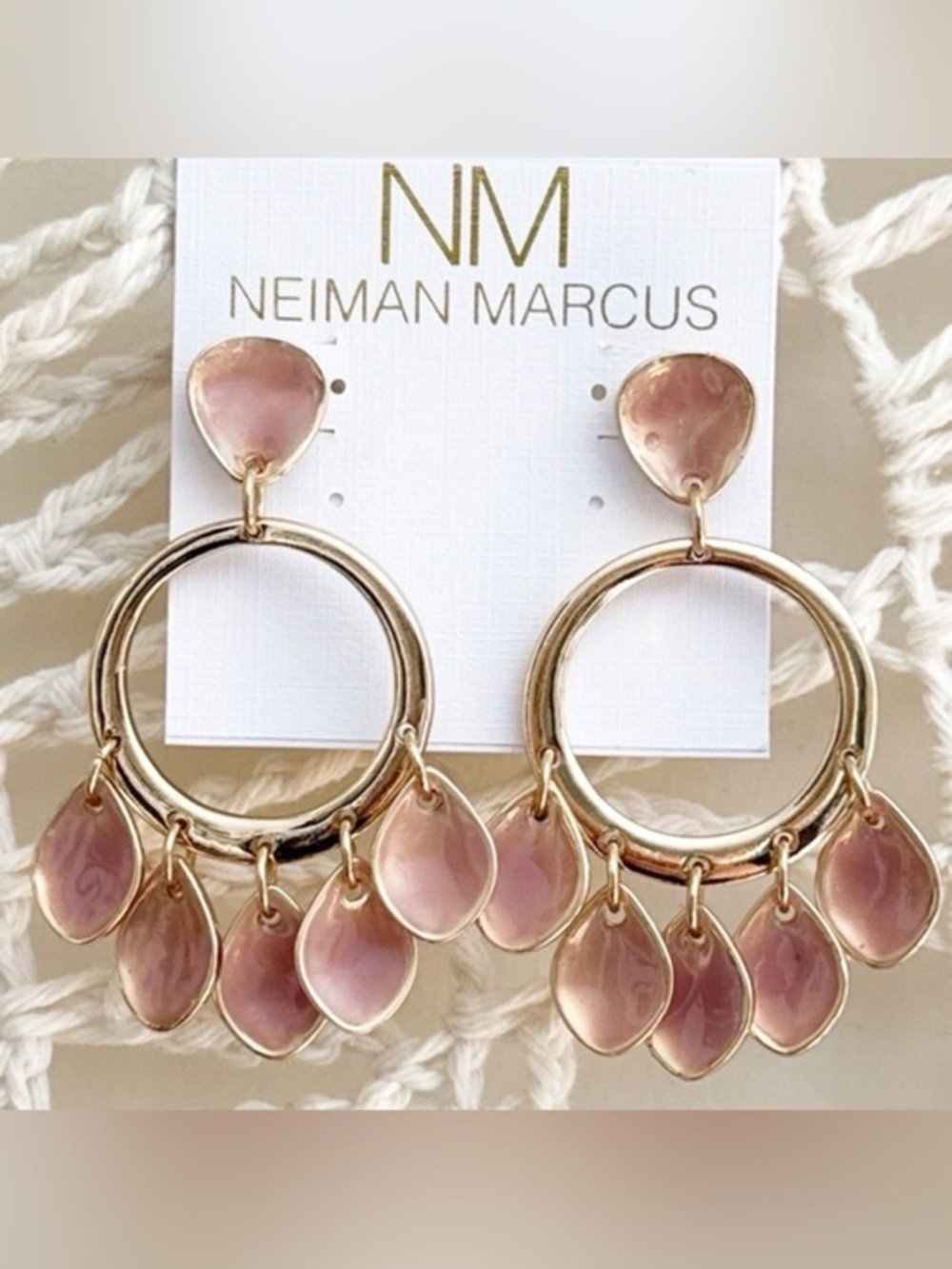 Gold Tone Hoop Mauve Pink Dangle Statement Earrings Pierced 2” L